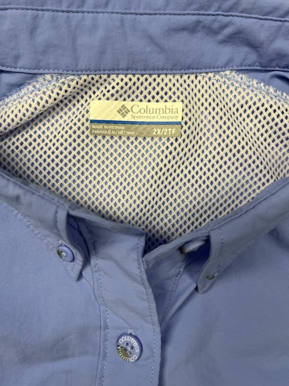 EXCELLENT Columbia PFG Mens 2X Blue Short Sleeve Fishing Shirt Vented